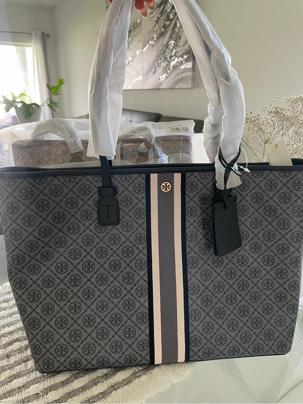 Tory Burch Gray Logo Stripe Tote with Navy & Cream Center Stripe